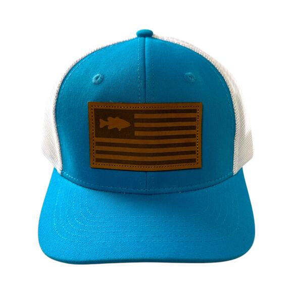 Y2K Live Fish or Die Blue White Trucker Hat Brown Leather Patch Adjustable New - Picture 1 of 5